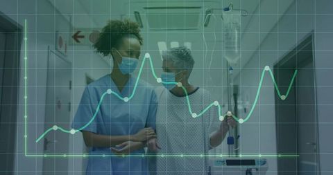 Nurse Assists Patient in Hospital with Medical Data Overlay