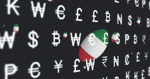 Flying currency symbols amidst italian flagged rugby balls