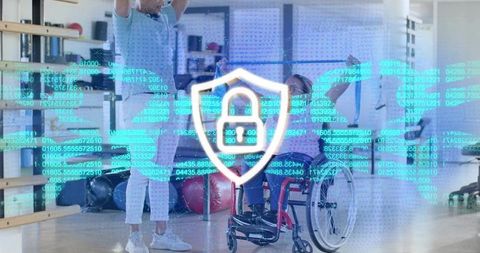 Woman in Wheelchair Rehabilitating with Trainer in Gym Featuring Digital Security Shield