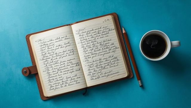 Leather-bound journal open on blue desk with coffee and pencil