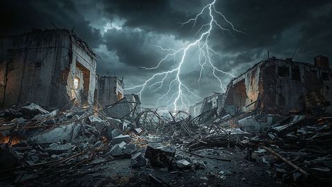Dramatic lightning over earthquake war-torn cityscape at night