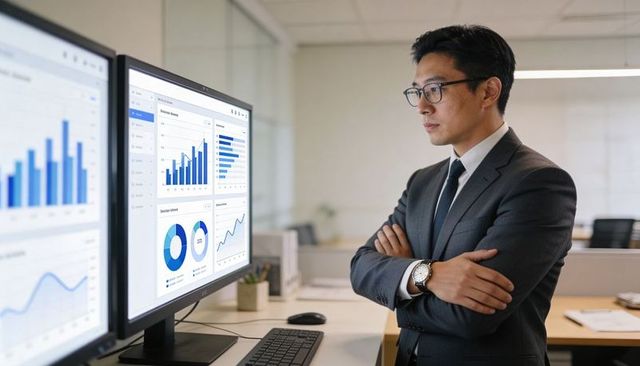 Asian businessman studying financial dashboards on dual monitors in modern office workspace