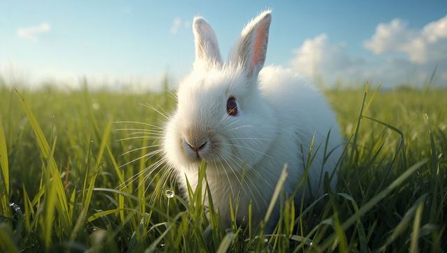 Fluffy white rabbit nibbling dew-kissed grass in sunlit meadow at golden hour