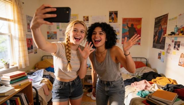 Two female students taking selfie in sunlit dorm room laughing roommates college lifestyle