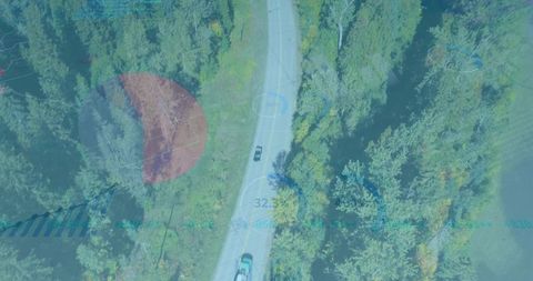 Cars Navigating Forest Road with Digital Data Interface Overlay