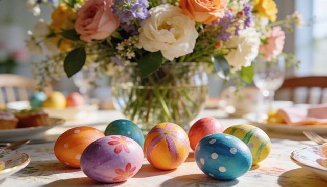 Hand-painted Easter eggs sitting on patterned tablecloth with spring floral centerpiece