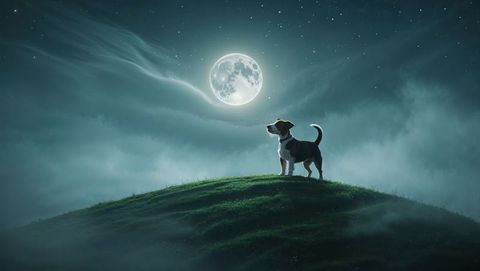 Dog Gaze Over Moonlit Misty Hill at Night