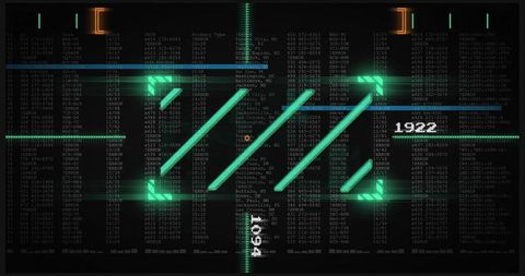 Displaying Futuristic HUD with Cyan Ascending Arrow Bars, Neon Data Readouts and Grid