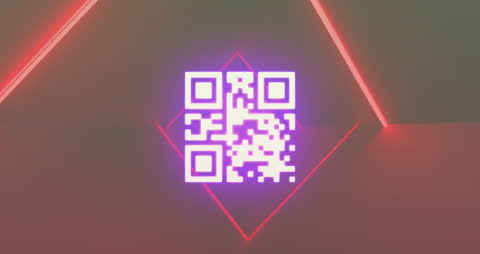 Neon QR Code Hovering Over Futuristic Digital Shapes
