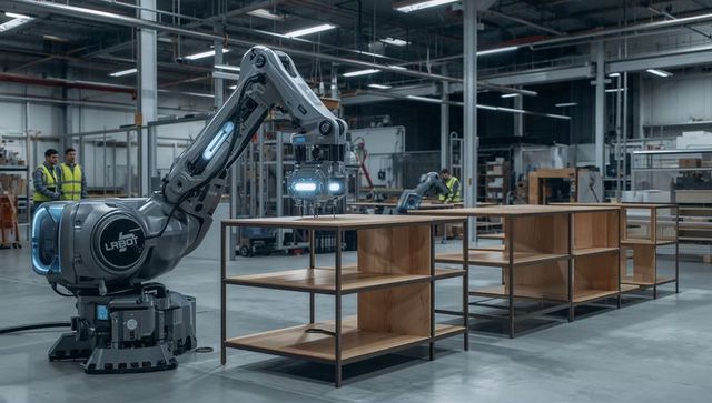 Industrial Robot Arm Assembling Wooden Shelving in Automated Manufacturing Facility
