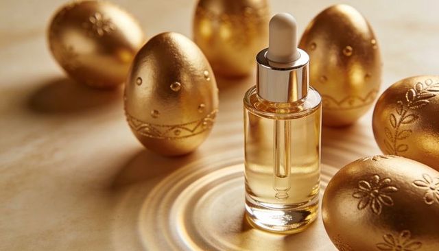Luxury golden facial oil dropper sitting among gilded decorative eggs, minimal elegance