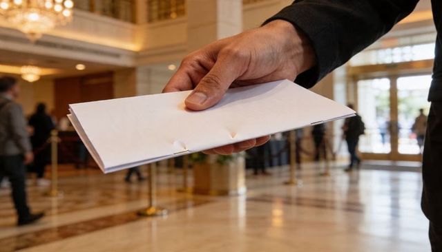 Handing stapled envelopes in luxury hotel lobby with marble floor and chandeliers