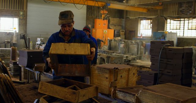 Worker in Industrial Factory Organizing Heavy Muddy Boxes - Download Free Stock Images Pikwizard.com