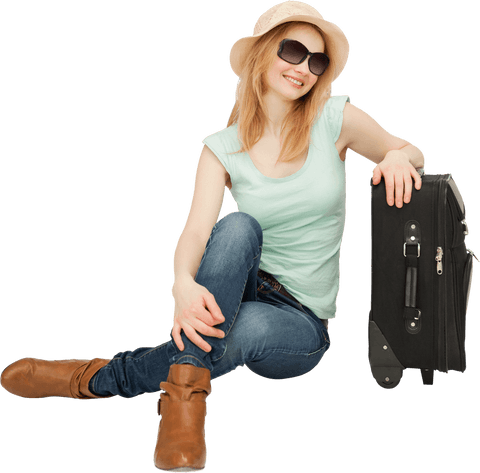 cheerful woman traveler sitting with luggage on transparent background - Download Free Stock Videos Pikwizard.com