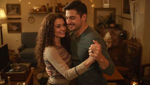Couple dancing in cozy living room with vintage ambiance