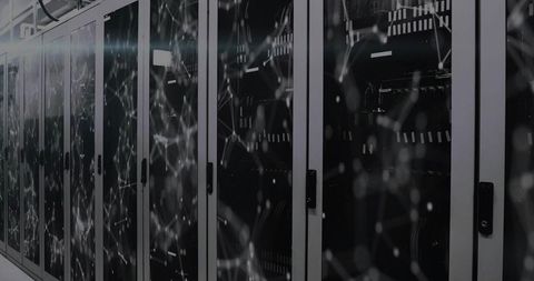 Glowing data center racks displaying network overlay, led status and organized cabling