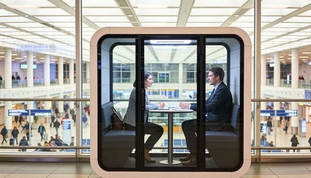 Business meeting in glass privacy pod overlooking busy airport concourse
