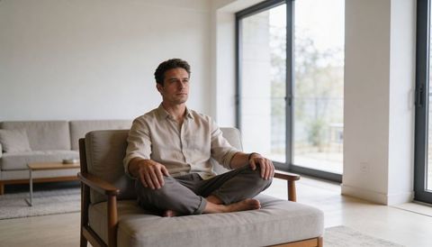 Man sitting cross-legged on armchair in minimalist living room, contemplating in daylight