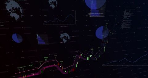 Futuristic neon candlestick trading chart with magenta ribbon and global data hud