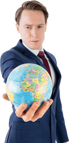 Transparent businessman holding world globe focused expression