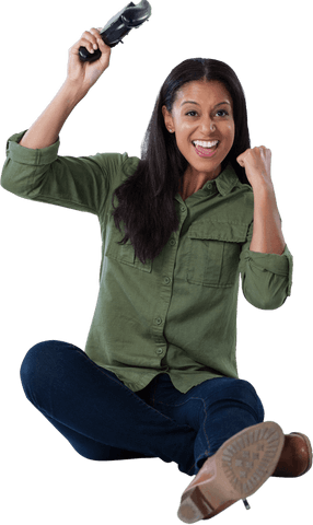 Happy Woman in Green Shirt Winning at Gaming in Transparent Background - Download Free Stock Videos Pikwizard.com