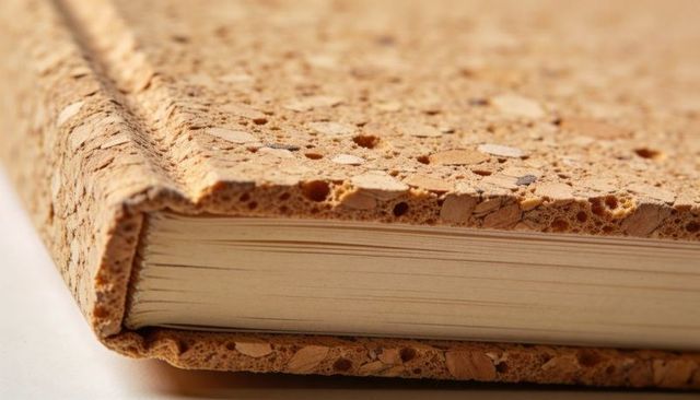 Cork hardcover notebook closeup featuring textured spine and cream page edges