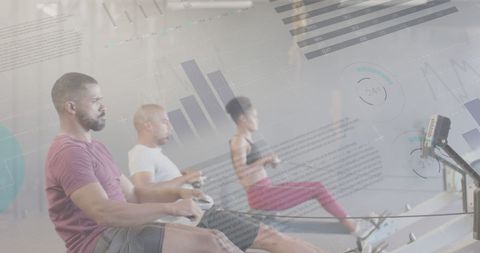 Diverse group training on rowing machines with digital data overlay
