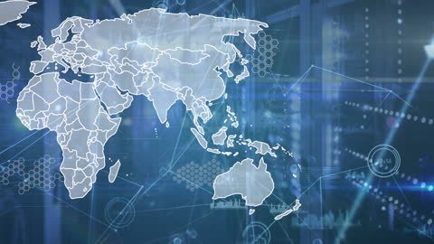 Digital World Map Overlaying High-Tech Data Center
