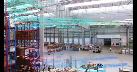 Worker in technological warehouse with overlaid code