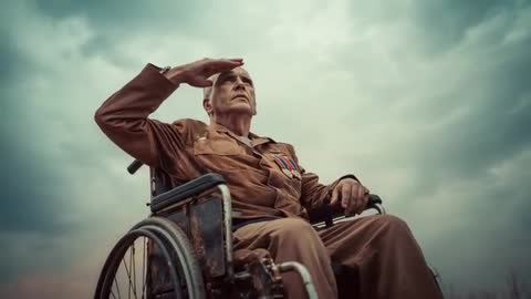 Senior Veteran Saluting in Wheelchair Against Cloudy Sky