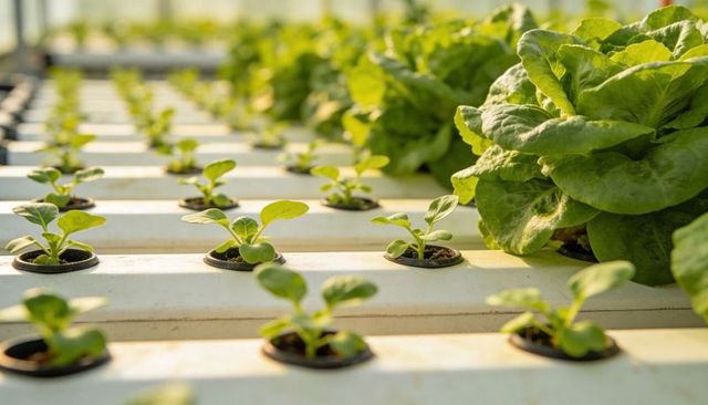Hydroponic lettuce seedlings growing in sunlit white channels with black net pots in greenhouse rows