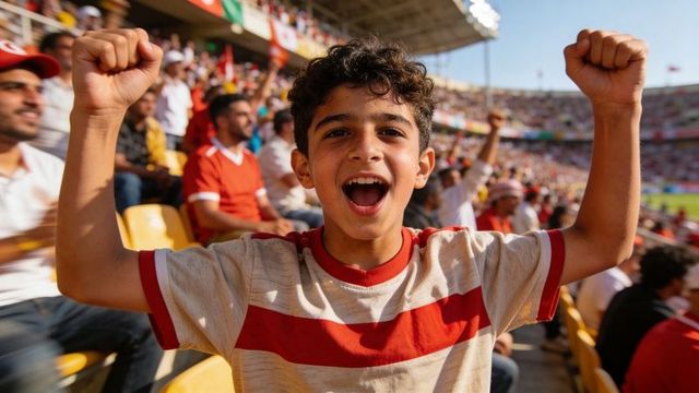 Curly teen cheering and raising fists in sunlit stadium crowd wearing red striped tee