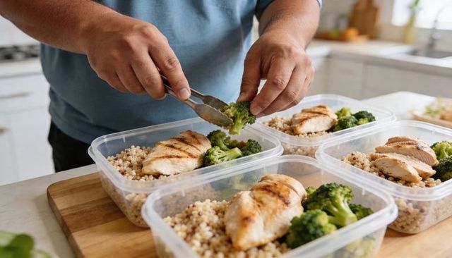 Placing broccoli into meal prep containers with grilled chicken and quinoa