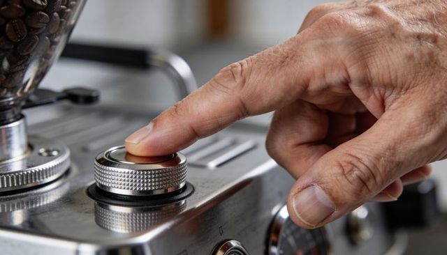 Senior hand pressing knurled dial on stainless espresso machine close-up for coffee
