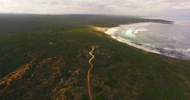 Aerial view capturing a remote coastal landscape with a winding path leading to the beach. The vast expanse of wilderness contrasts with the serene shoreline, creating a tranquil scene. This type of image can be used for travel brochures, environmental campaigns, outdoor activity promotions, or scenic posters emphasizing natural beauty and adventure.