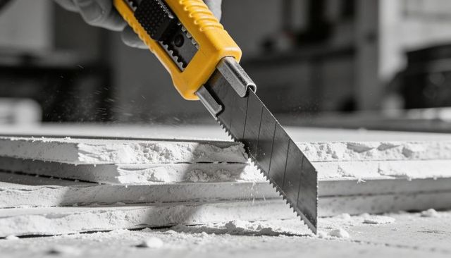 Gloved worker cutting drywall stack with yellow utility saw producing dust and debris