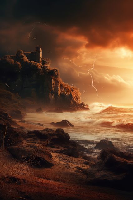 Stormy sky over castle on rocky and green island in sea, created using generative ai technology. Fairy tale, dream, mythology and historical fantasy concept digitally generated image.
