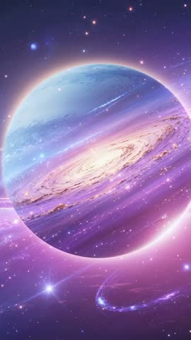 Vertical video showcasing rotating gas giant with violet-pink rings and glowing spiral galaxy core