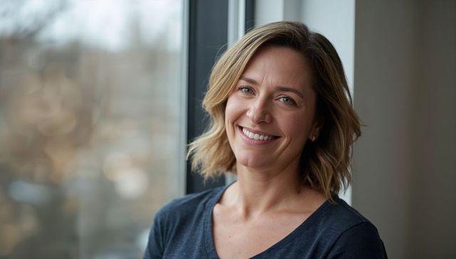 Smiling professional woman by window natural headshot warm confident expression lifestyle portrait
