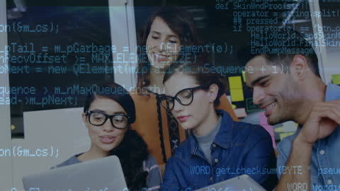 Diverse Team Discussing Tech Innovations with Coding Overlay