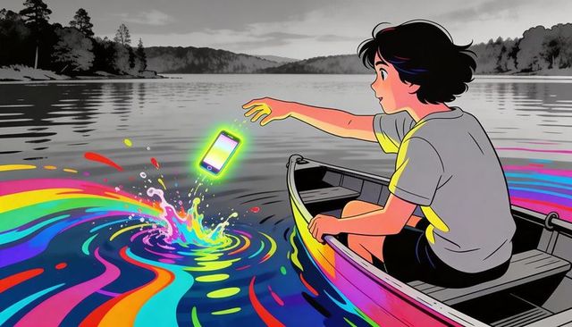 Teen reaching for glowing smartphone from rowboat over neon rainbow water splash