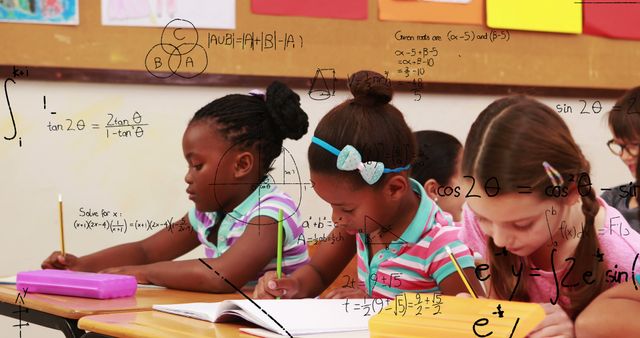 Image of mathematical equations over diverse group of kids studying in the class at school. School and education concept