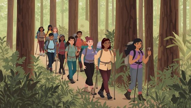 Group hiking single-file through old-growth forest trail with backpacks and trekking poles