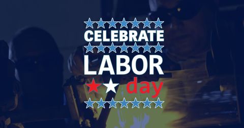 Labor Day Celebration with Workers in Workshop and Patriotic Theme