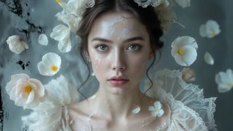 Elegantly Clad Model Amid Delicate Floating Petals