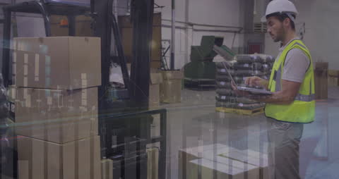 Warehouse Worker Analyzing Data with Digital Interface