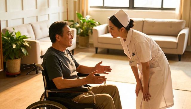 Nurse listening to elderly man in wheelchair in bright residential care lounge
