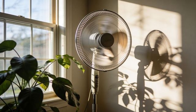 Sunlit oscillating pedestal fan casting monstera shadow on wall, cord visible