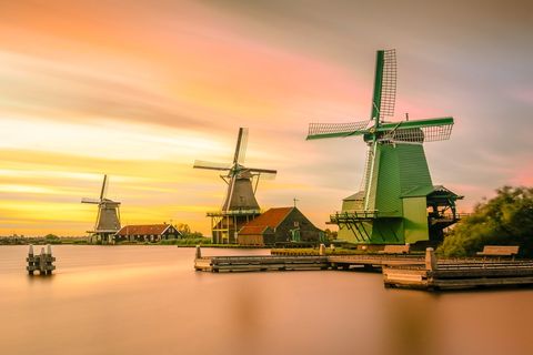 Serene Landscape with Historical Dutch Windmills During Sunset