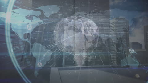 Digital Brain Over Cityscape Representing Global Technology Connections